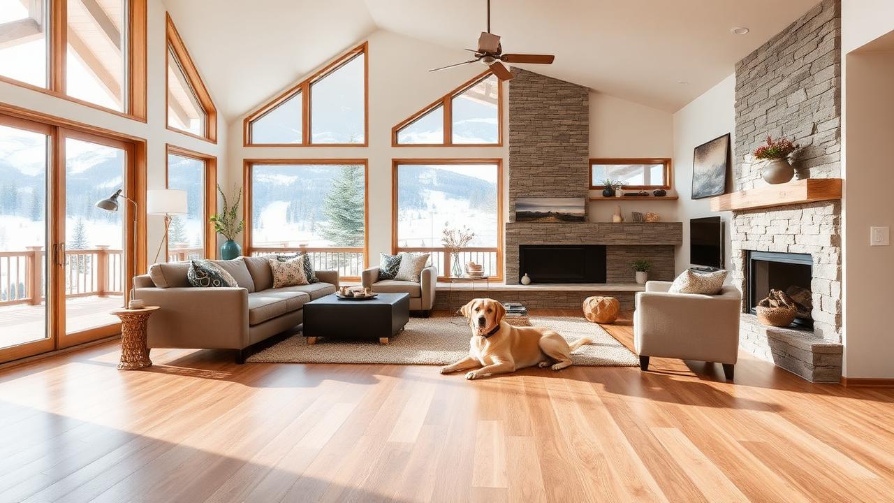 Modern Idaho living room with LVP flooring and mountain views