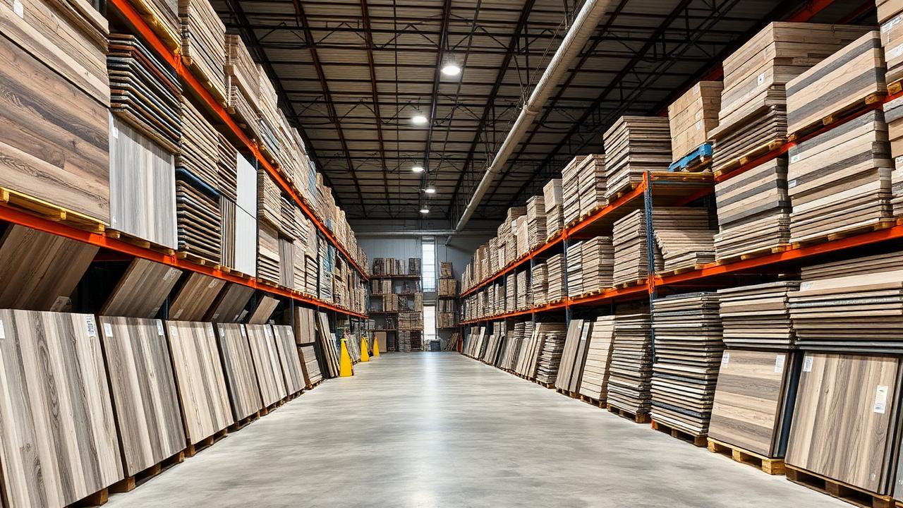 Warehouse aisle full of flooring inventory
