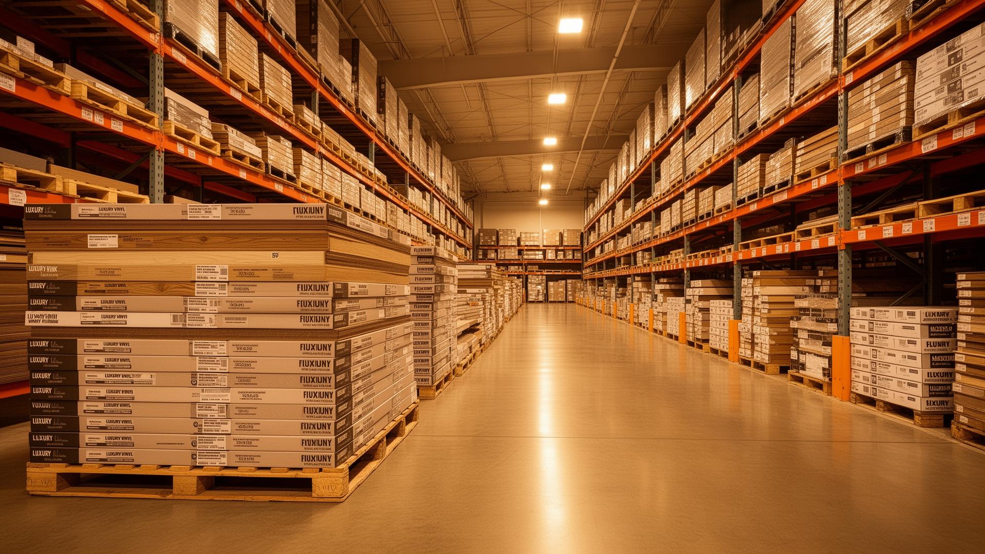 Idaho Falls Flooring Warehouse interior with stacks of LVP flooring