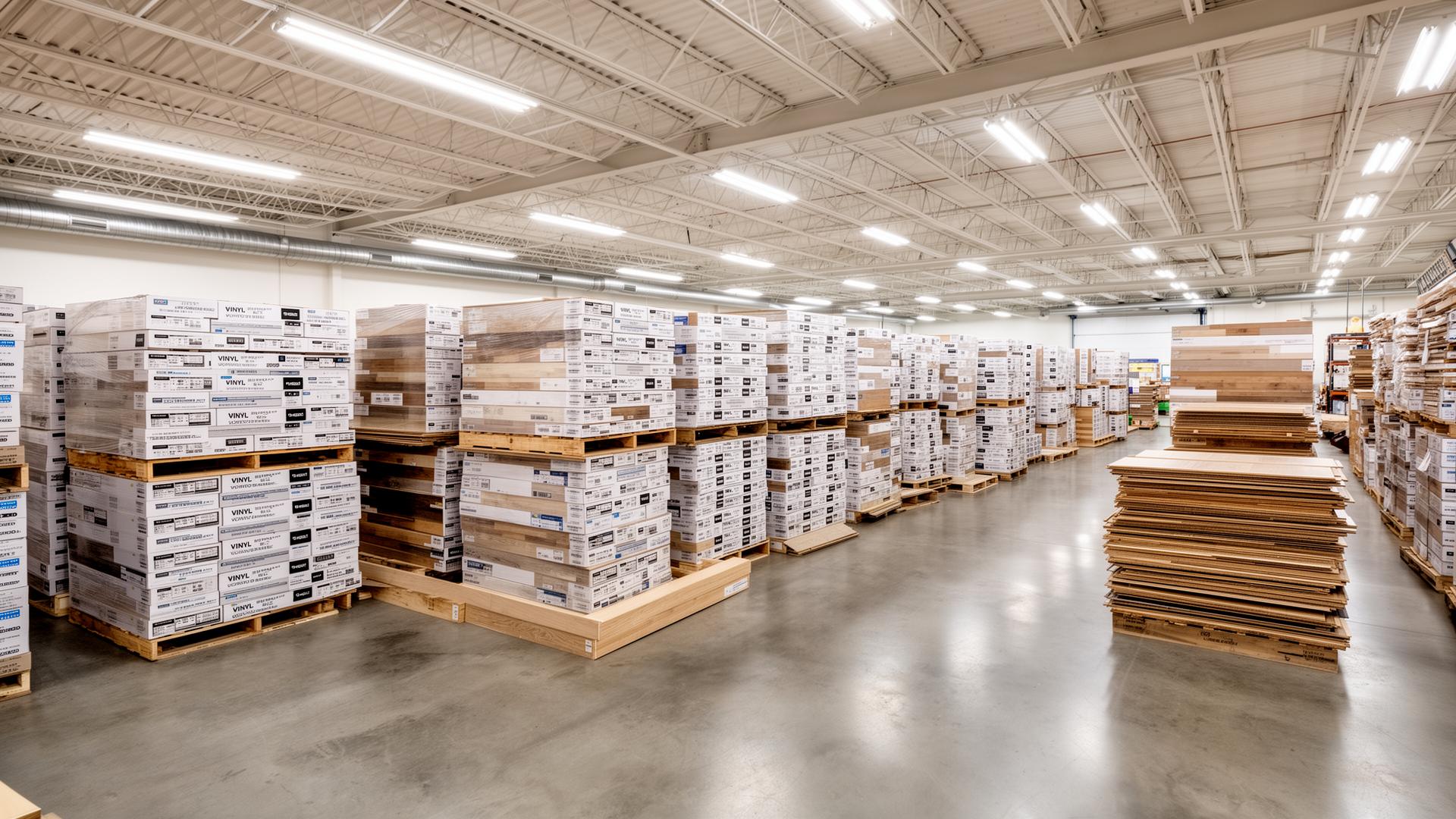 Idaho Falls Flooring Warehouse stocked with pallets of LVP flooring